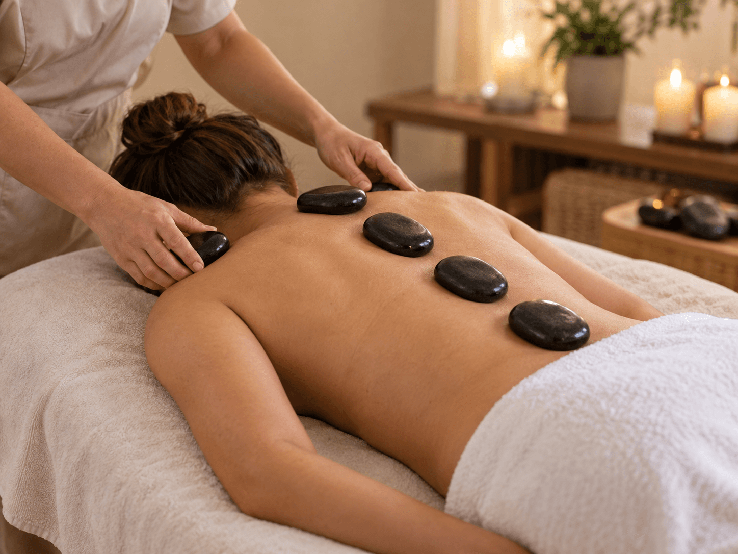 Illustratief voorbeeld van massage met warme basaltstenen