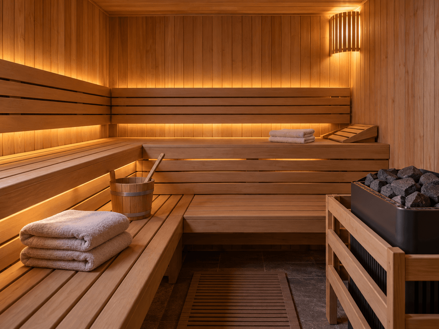Illustratief voorbeeld van een sauna met houten banken