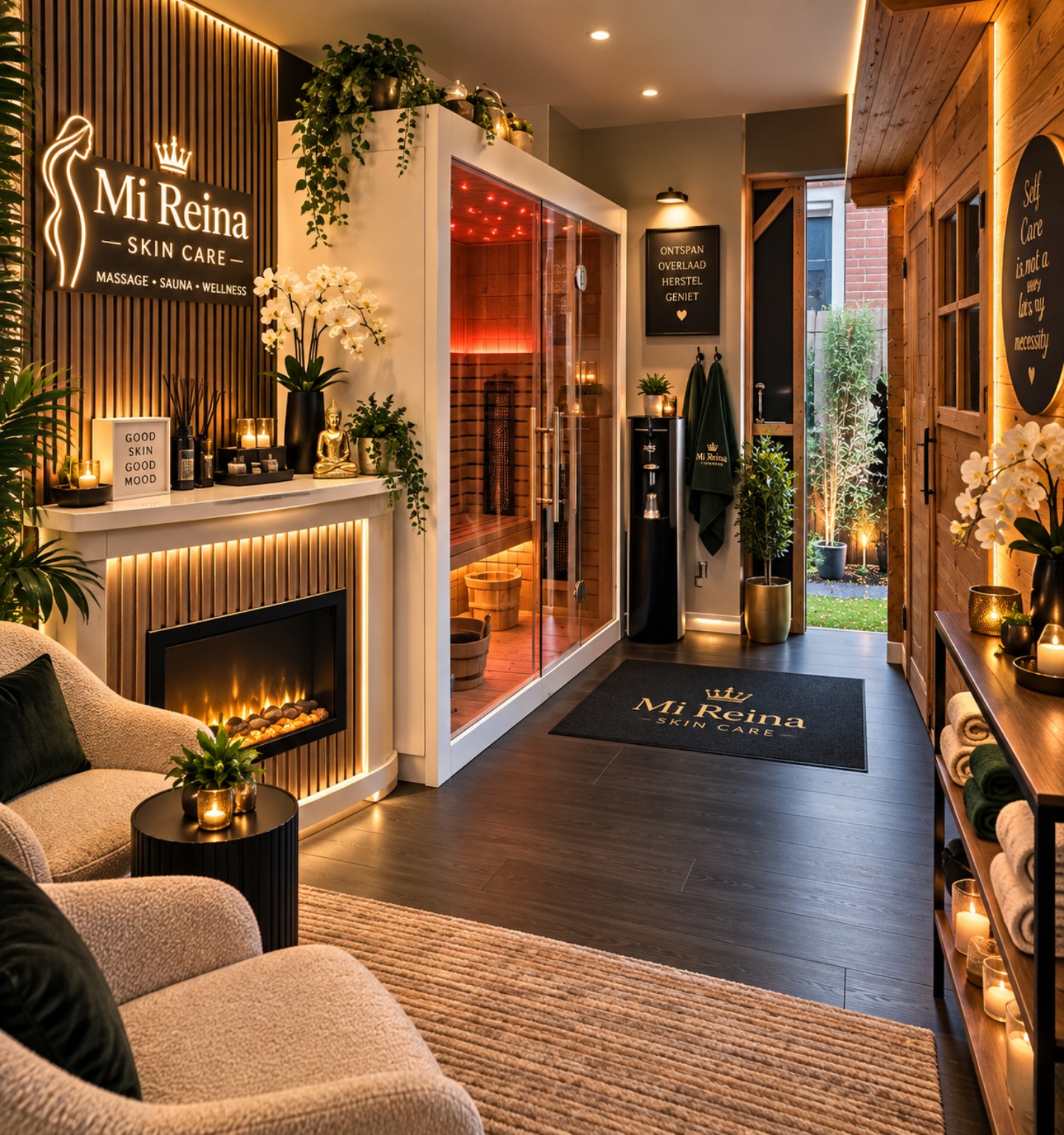 De ontvangstruimte van Mi Reina Skin Care met sauna en tuinzicht